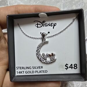 Sterling Silver Disney Crescent Moon Mickey/Minnie Mouse Necklace Romantic Love